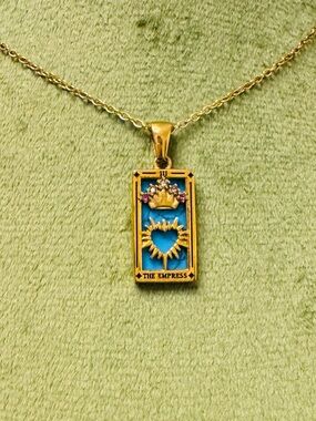 Gold-Plated Blue Enamel Heart & Crown Pendant Necklace